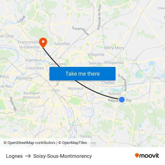Lognes to Soisy-Sous-Montmorency map