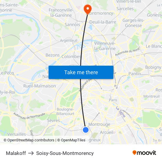 Malakoff to Soisy-Sous-Montmorency map