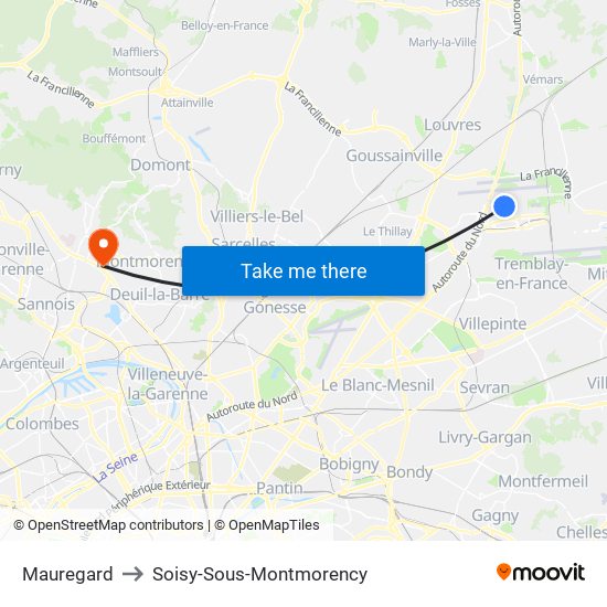 Mauregard to Soisy-Sous-Montmorency map
