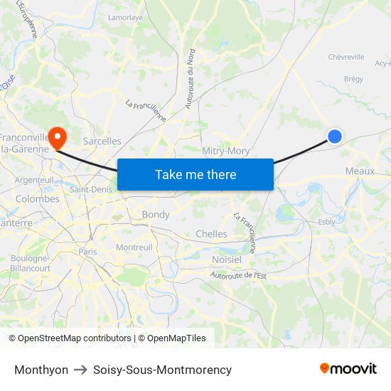 Monthyon to Soisy-Sous-Montmorency map