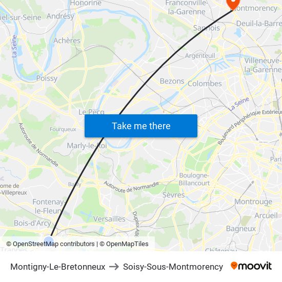 Montigny-Le-Bretonneux to Soisy-Sous-Montmorency map