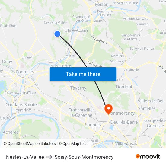 Nesles-La-Vallee to Soisy-Sous-Montmorency map