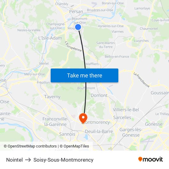 Nointel to Soisy-Sous-Montmorency map