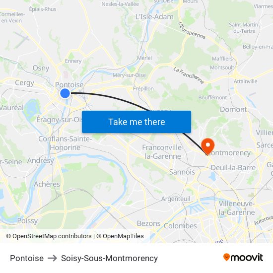 Pontoise to Soisy-Sous-Montmorency map