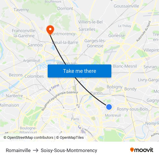 Romainville to Soisy-Sous-Montmorency map