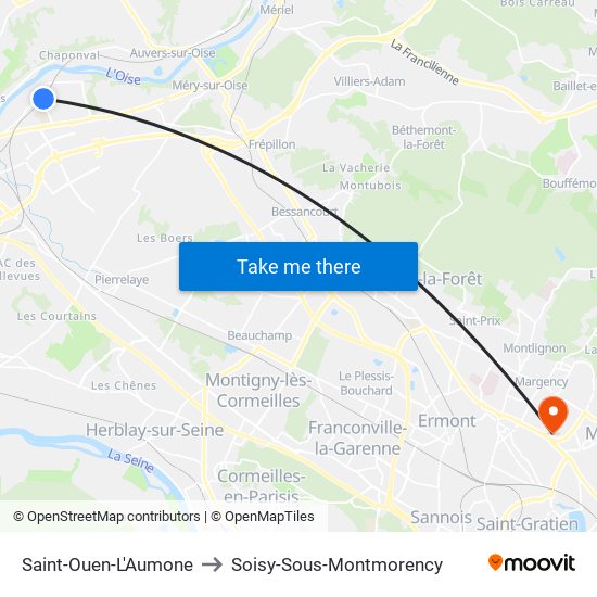 Saint-Ouen-L'Aumone to Soisy-Sous-Montmorency map