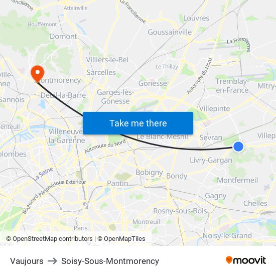 Vaujours to Soisy-Sous-Montmorency map