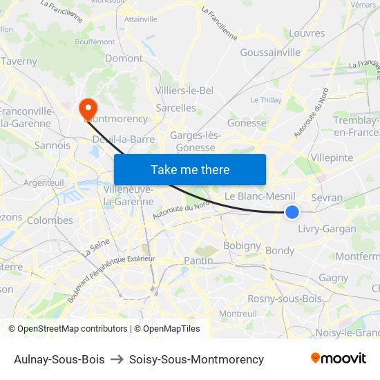 Aulnay-Sous-Bois to Soisy-Sous-Montmorency map