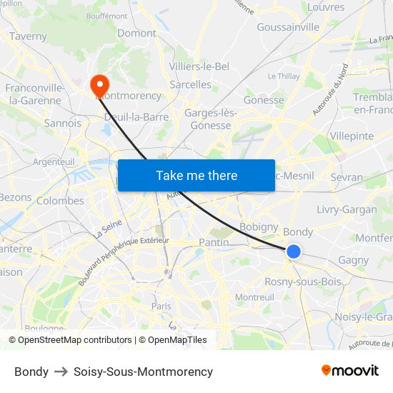 Bondy to Soisy-Sous-Montmorency map