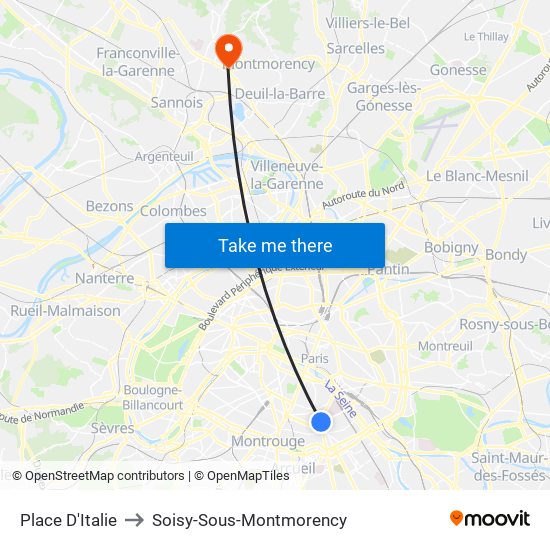 Place D'Italie to Soisy-Sous-Montmorency map