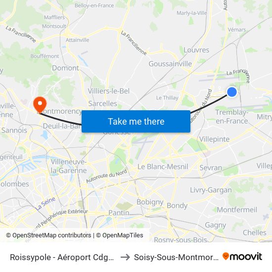 Roissypole - Aéroport Cdg1 (D3) to Soisy-Sous-Montmorency map