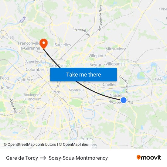 Gare de Torcy to Soisy-Sous-Montmorency map