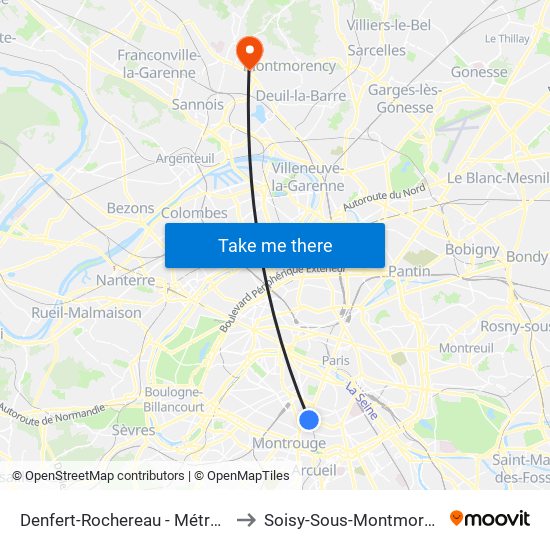 Denfert-Rochereau - Métro-Rer to Soisy-Sous-Montmorency map