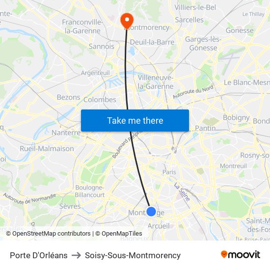 Porte D'Orléans to Soisy-Sous-Montmorency map