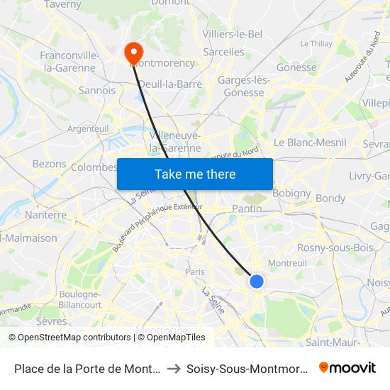 Place de la Porte de Montreuil to Soisy-Sous-Montmorency map