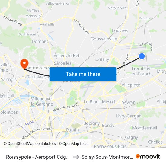 Roissypole - Aéroport Cdg1 (E2) to Soisy-Sous-Montmorency map