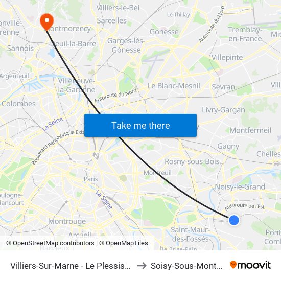 Villiers-Sur-Marne - Le Plessis-Trévise RER to Soisy-Sous-Montmorency map