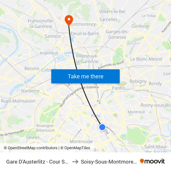 Gare D'Austerlitz - Cour Seine to Soisy-Sous-Montmorency map