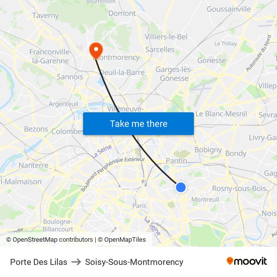 Porte Des Lilas to Soisy-Sous-Montmorency map