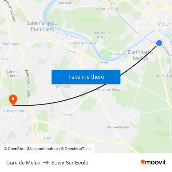 Gare de Melun to Soisy-Sur-Ecole map