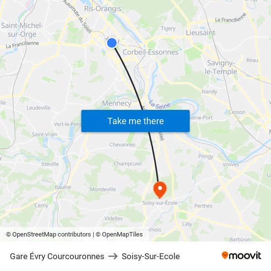 Gare Évry Courcouronnes to Soisy-Sur-Ecole map