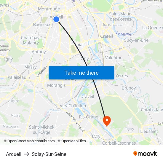 Arcueil to Soisy-Sur-Seine map