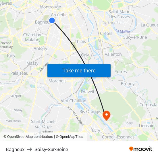 Bagneux to Soisy-Sur-Seine map