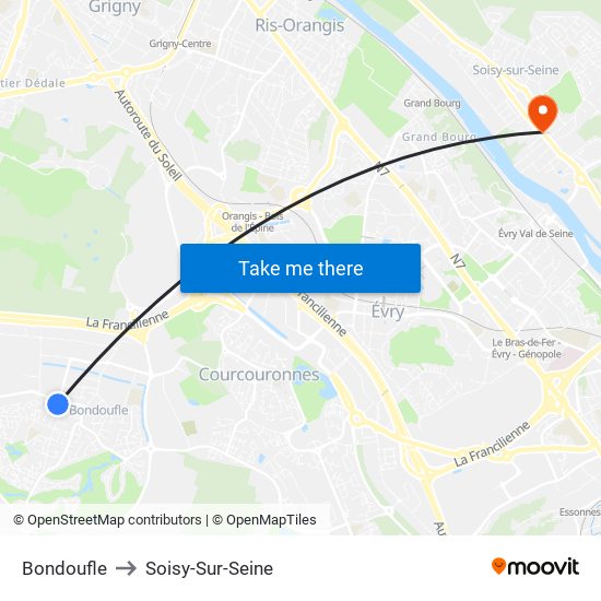 Bondoufle to Soisy-Sur-Seine map