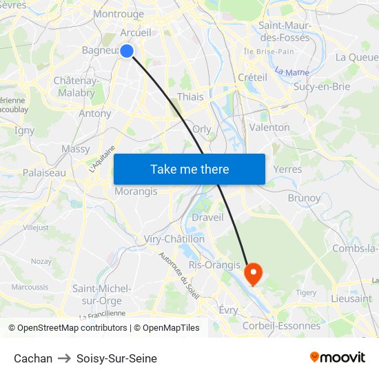 Cachan to Soisy-Sur-Seine map