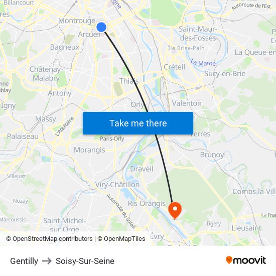 Gentilly to Soisy-Sur-Seine map