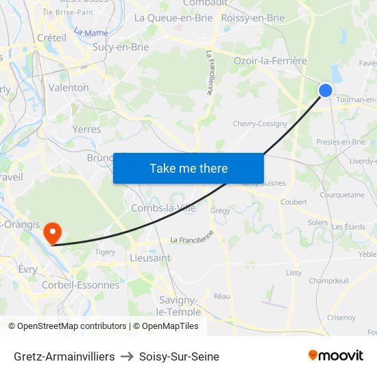 Gretz-Armainvilliers to Soisy-Sur-Seine map