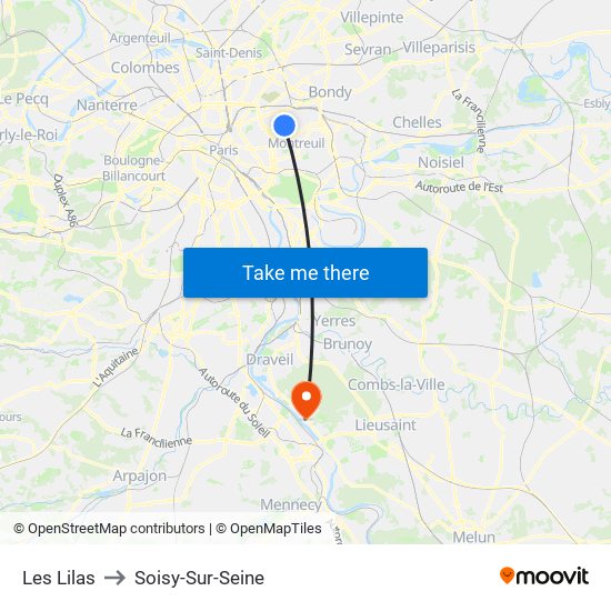 Les Lilas to Soisy-Sur-Seine map