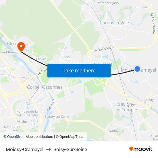 Moissy-Cramayel to Soisy-Sur-Seine map