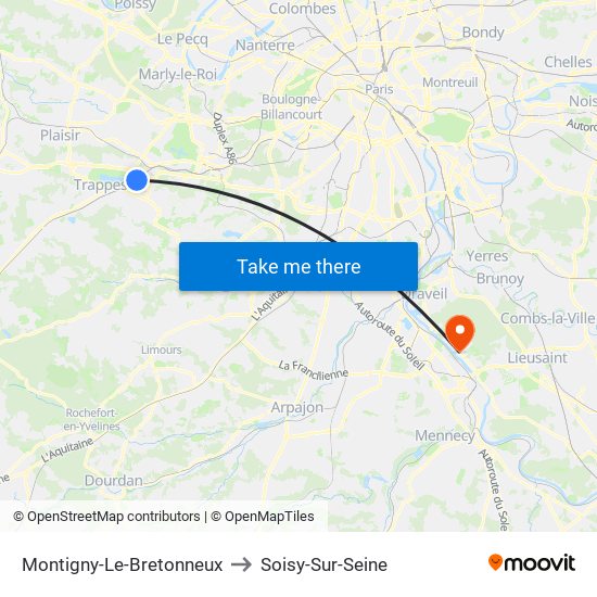Montigny-Le-Bretonneux to Soisy-Sur-Seine map