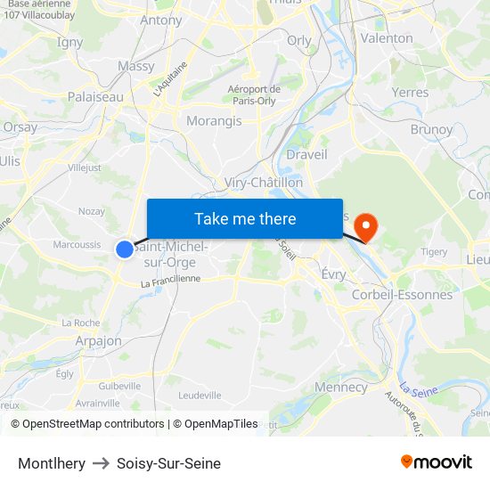 Montlhery to Soisy-Sur-Seine map