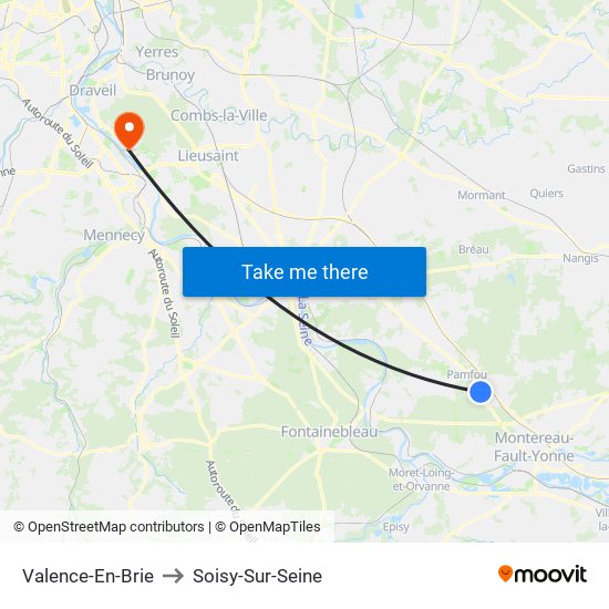 Valence-En-Brie to Soisy-Sur-Seine map