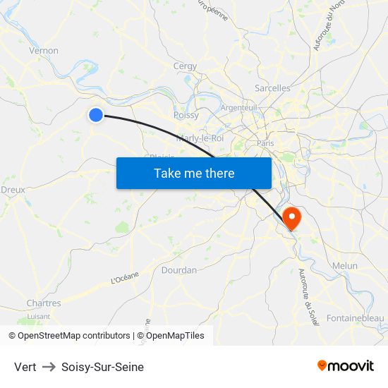 Vert to Soisy-Sur-Seine map