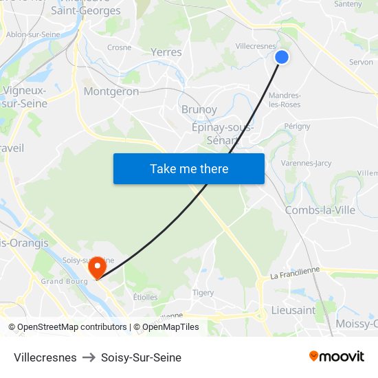 Villecresnes to Soisy-Sur-Seine map