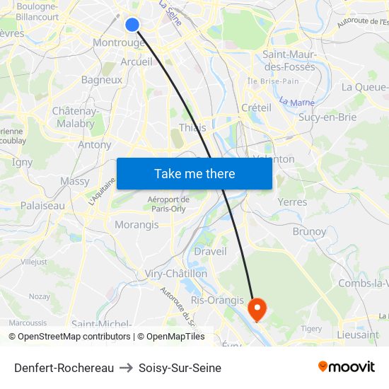 Denfert-Rochereau to Soisy-Sur-Seine map