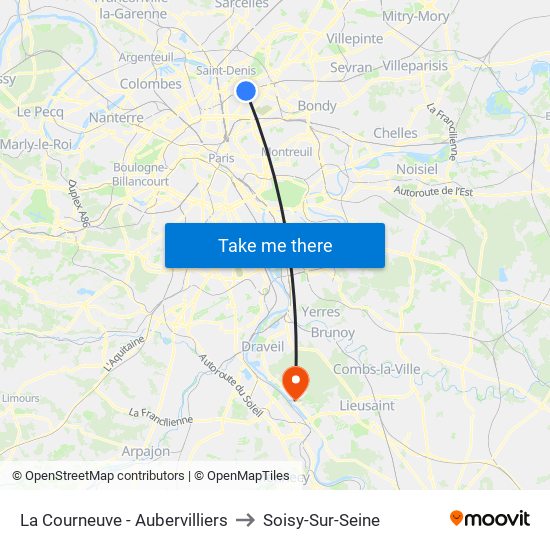 La Courneuve - Aubervilliers to Soisy-Sur-Seine map