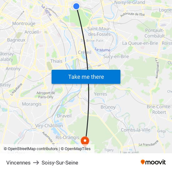 Vincennes to Soisy-Sur-Seine map