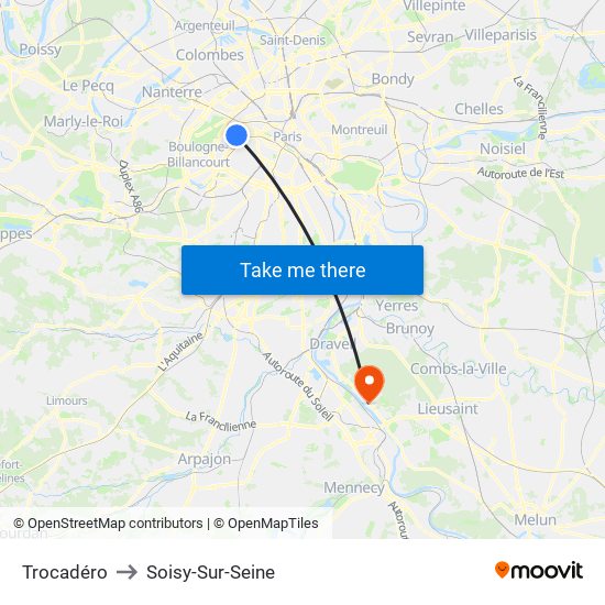 Trocadéro to Soisy-Sur-Seine map