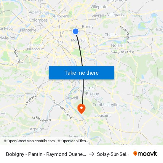 Bobigny - Pantin - Raymond Queneau to Soisy-Sur-Seine map