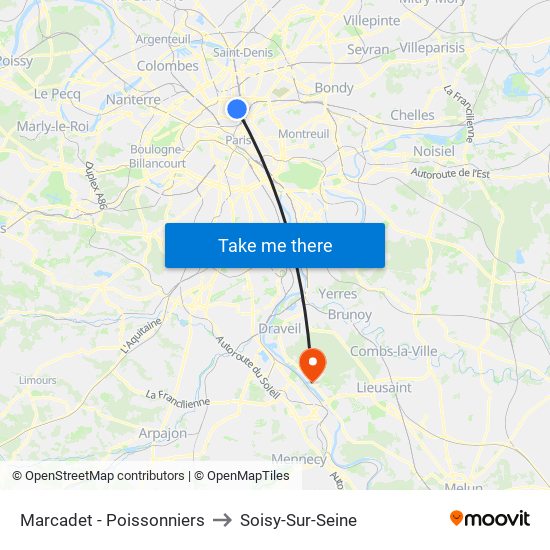 Marcadet - Poissonniers to Soisy-Sur-Seine map