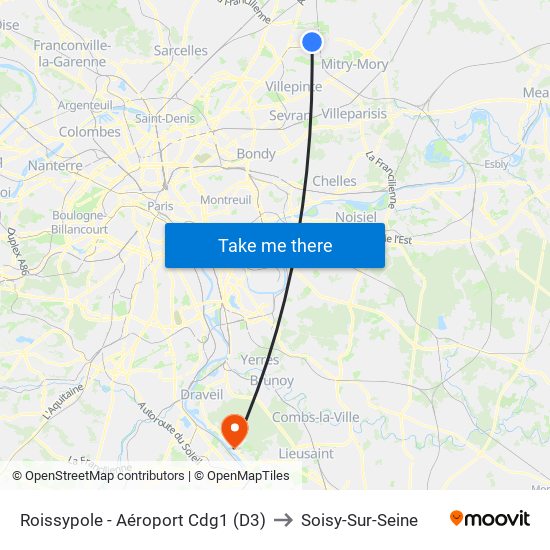 Roissypole - Aéroport Cdg1 (D3) to Soisy-Sur-Seine map