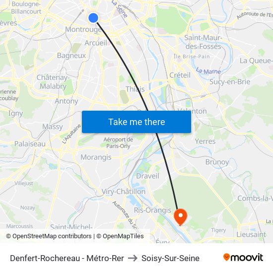 Denfert-Rochereau - Métro-Rer to Soisy-Sur-Seine map