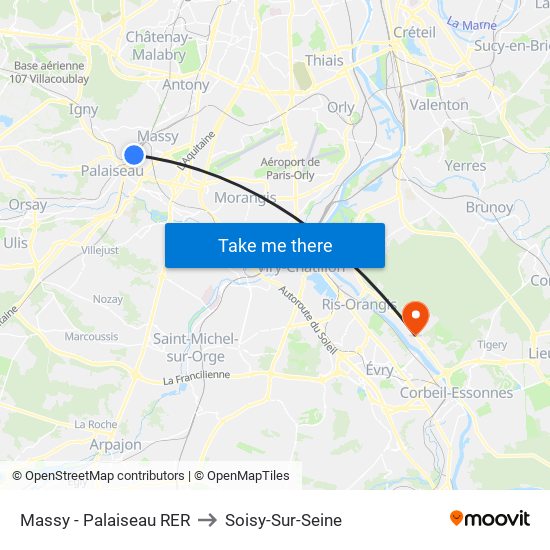 Massy - Palaiseau RER to Soisy-Sur-Seine map