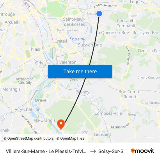 Villiers-Sur-Marne - Le Plessis-Trévise RER to Soisy-Sur-Seine map