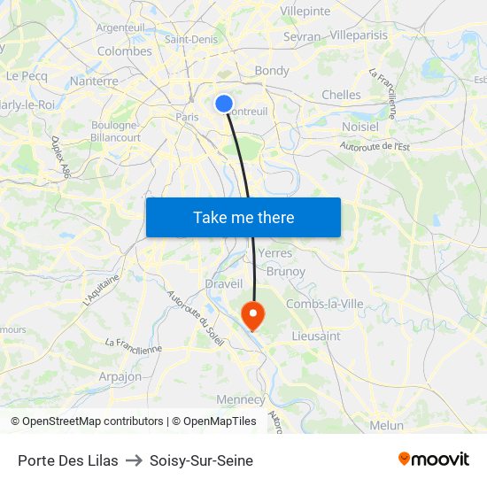 Porte Des Lilas to Soisy-Sur-Seine map