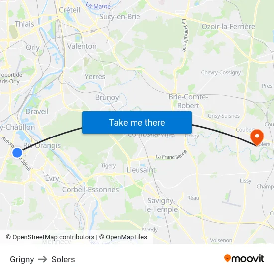 Grigny to Solers map